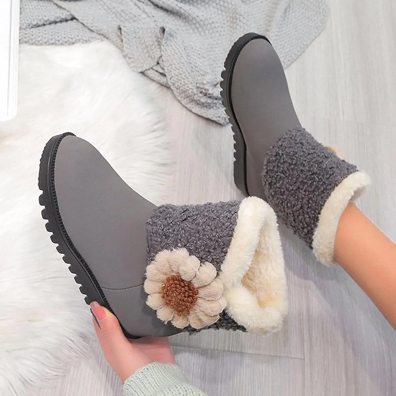 Hbeylia Platform Winter Snow Boots For Women Girls Flower Knit Fashion Plush Fur Lined Warm Suede Wedge Low Heels Ankle Booties Thermal Fleece Lining Non Slip Dress Short Mid Calf Boots Winter Shoes