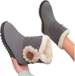 Hbeylia Platform Winter Snow Boots For Women Girls Flower Knit Fashion Plush Fur Lined Warm Suede Wedge Low Heels Ankle Booties Thermal Fleece Lining Non Slip Dress Short Mid Calf Boots Winter Shoes