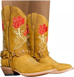 Hbeylia Sunflower Western Cowboy Boots For Women Flower Embroidered Ethnic Boho Vintage Leather Pointed Toe Chunky Block Mid Heels Wide Mid Calf Cowgirls Boots Retro Hawaii Slip On Dress Short Boots