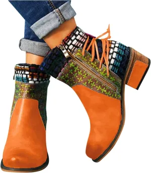 Hbeylia Vintage Boots For Women Ethnic Boho Leather Round Toe Lace Up Chunky Block Mid Heels Ankle Booties Bohemian Retro Steel Toe Dress Mid Calf Short Boots With Side Zipper For Ladies