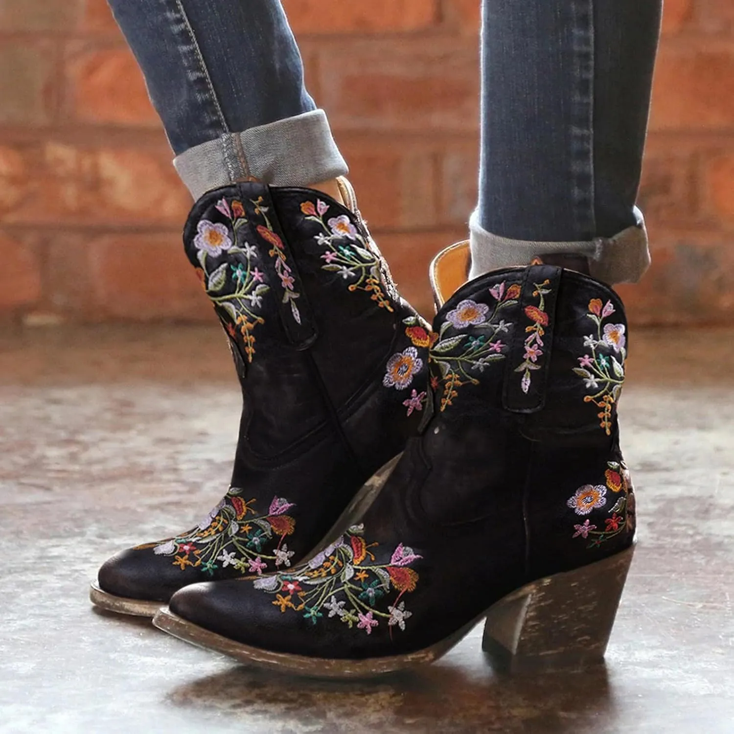 Hbeylia Vintage Ethnic Cowboys Boots For Women Boho Retro Flower Embroidered Pointed Toe Leather Western Cowgirls Boots Bohemian Chunky Mid Heels Wide Mid Calf Booties For Ladies Dress