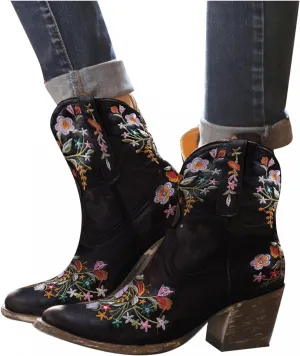 Hbeylia Vintage Ethnic Cowboys Boots For Women Boho Retro Flower Embroidered Pointed Toe Leather Western Cowgirls Boots Bohemian Chunky Mid Heels Wide Mid Calf Booties For Ladies Dress