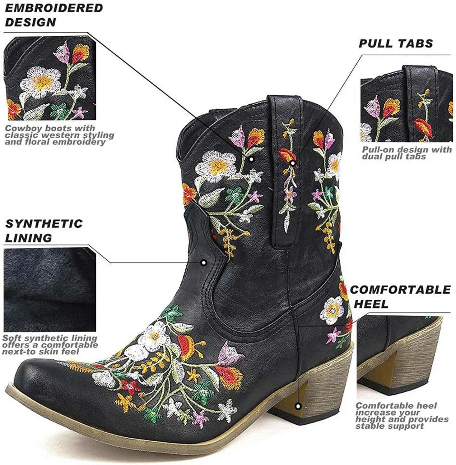 Hbeylia Vintage Ethnic Cowboys Boots For Women Boho Retro Flower Embroidered Pointed Toe Leather Western Cowgirls Boots Bohemian Chunky Mid Heels Wide Mid Calf Booties For Ladies Dress