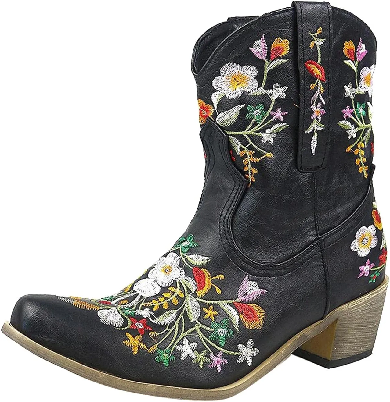 Hbeylia Vintage Ethnic Cowboys Boots For Women Boho Retro Flower Embroidered Pointed Toe Leather Western Cowgirls Boots Bohemian Chunky Mid Heels Wide Mid Calf Booties For Ladies Dress