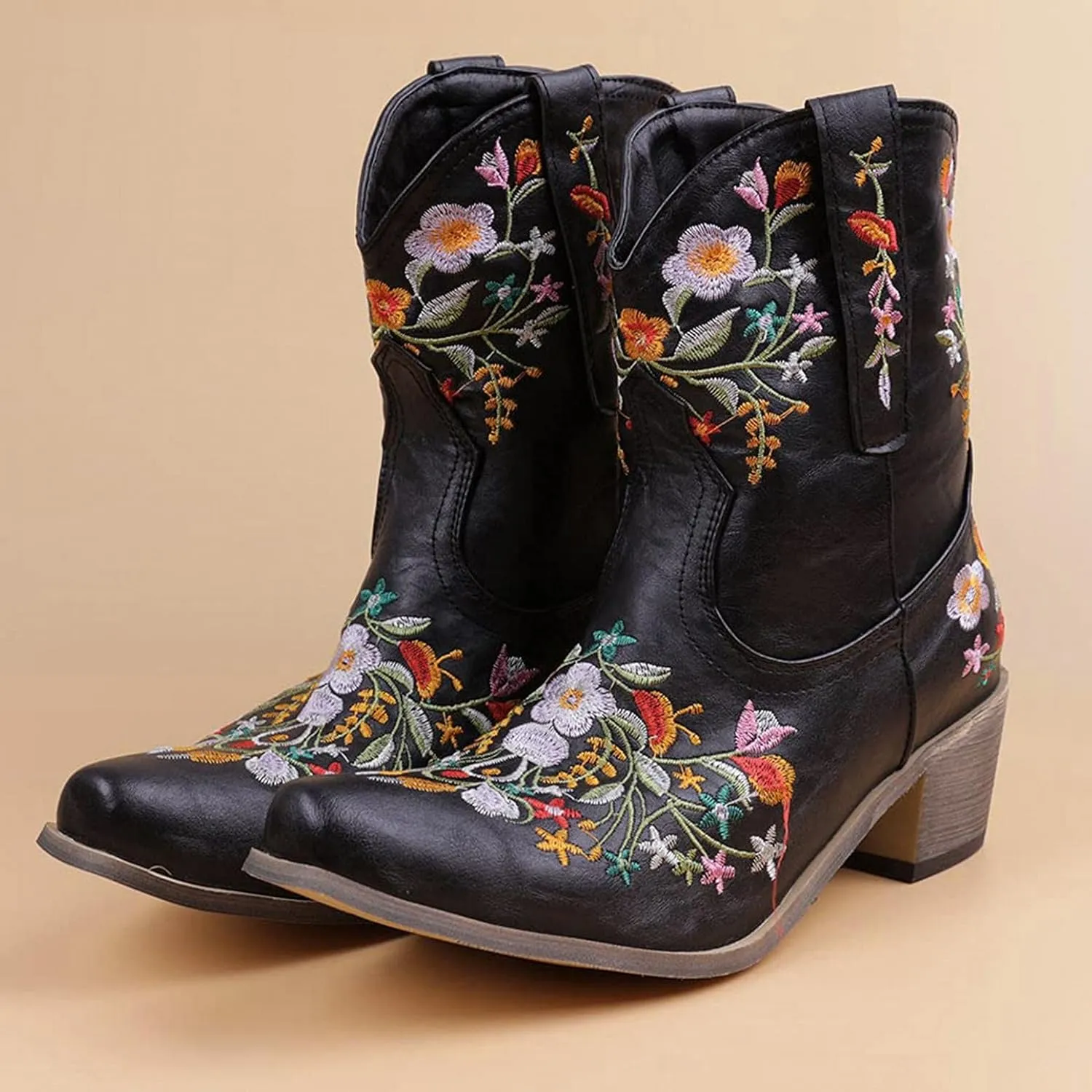 Hbeylia Vintage Ethnic Cowboys Boots For Women Boho Retro Flower Embroidered Pointed Toe Leather Western Cowgirls Boots Bohemian Chunky Mid Heels Wide Mid Calf Booties For Ladies Dress