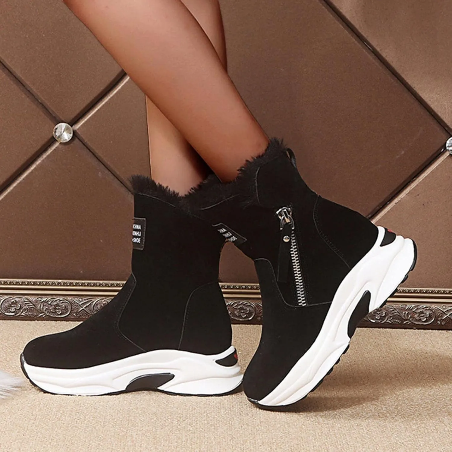 Hbeylia Winter Snow Boots For Women Ladies Casual Plush Fur Lined Wedge Platform Chunky Bottom Heels Mid Calf Boots Suede Warm Fashion Sneakers Fleece Lining Thermal Short Boots For Work Walking