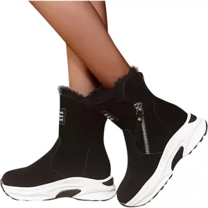 Hbeylia Winter Snow Boots For Women Ladies Casual Plush Fur Lined Wedge Platform Chunky Bottom Heels Mid Calf Boots Suede Warm Fashion Sneakers Fleece Lining Thermal Short Boots For Work Walking