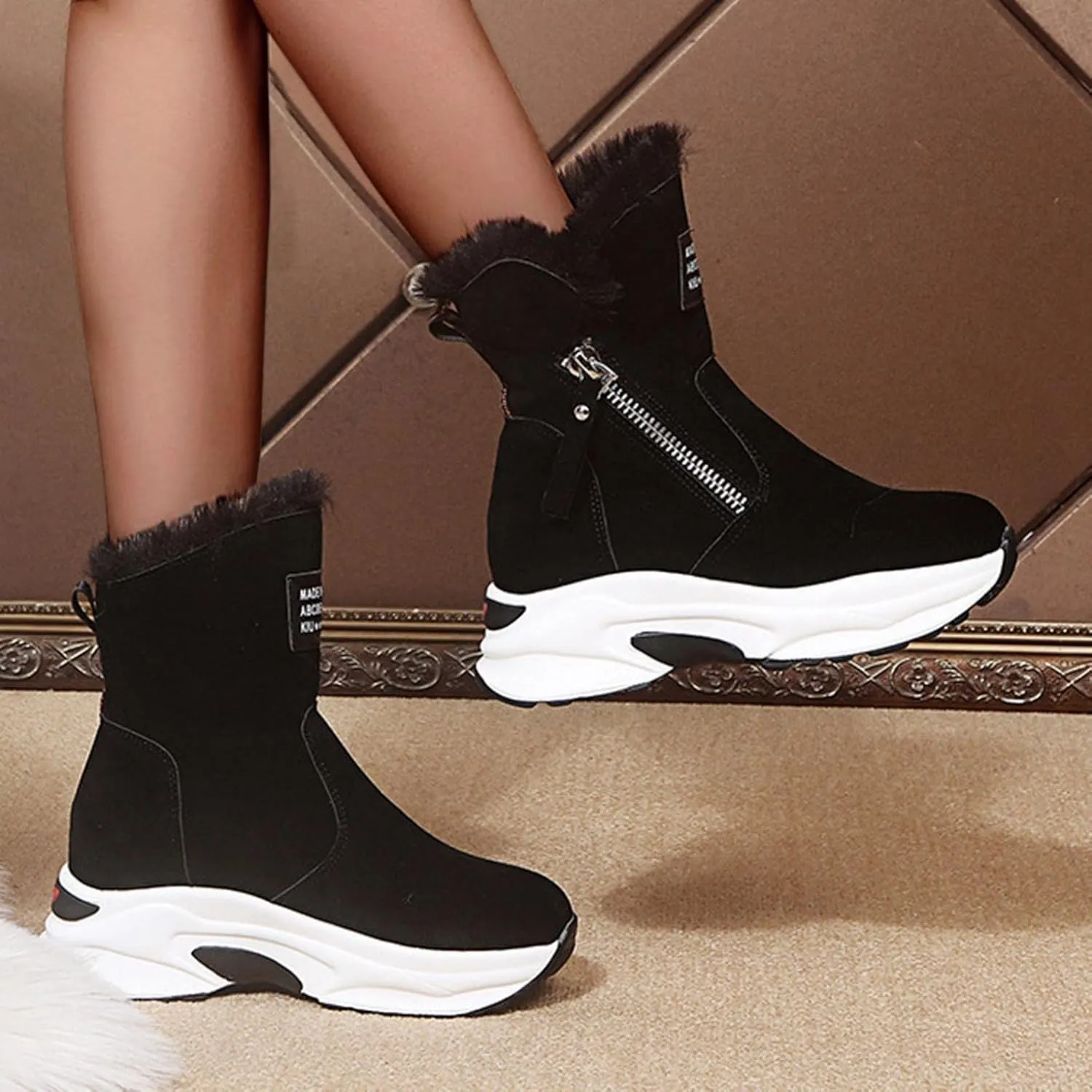 Hbeylia Winter Snow Boots For Women Ladies Casual Plush Fur Lined Wedge Platform Chunky Bottom Heels Mid Calf Boots Suede Warm Fashion Sneakers Fleece Lining Thermal Short Boots For Work Walking