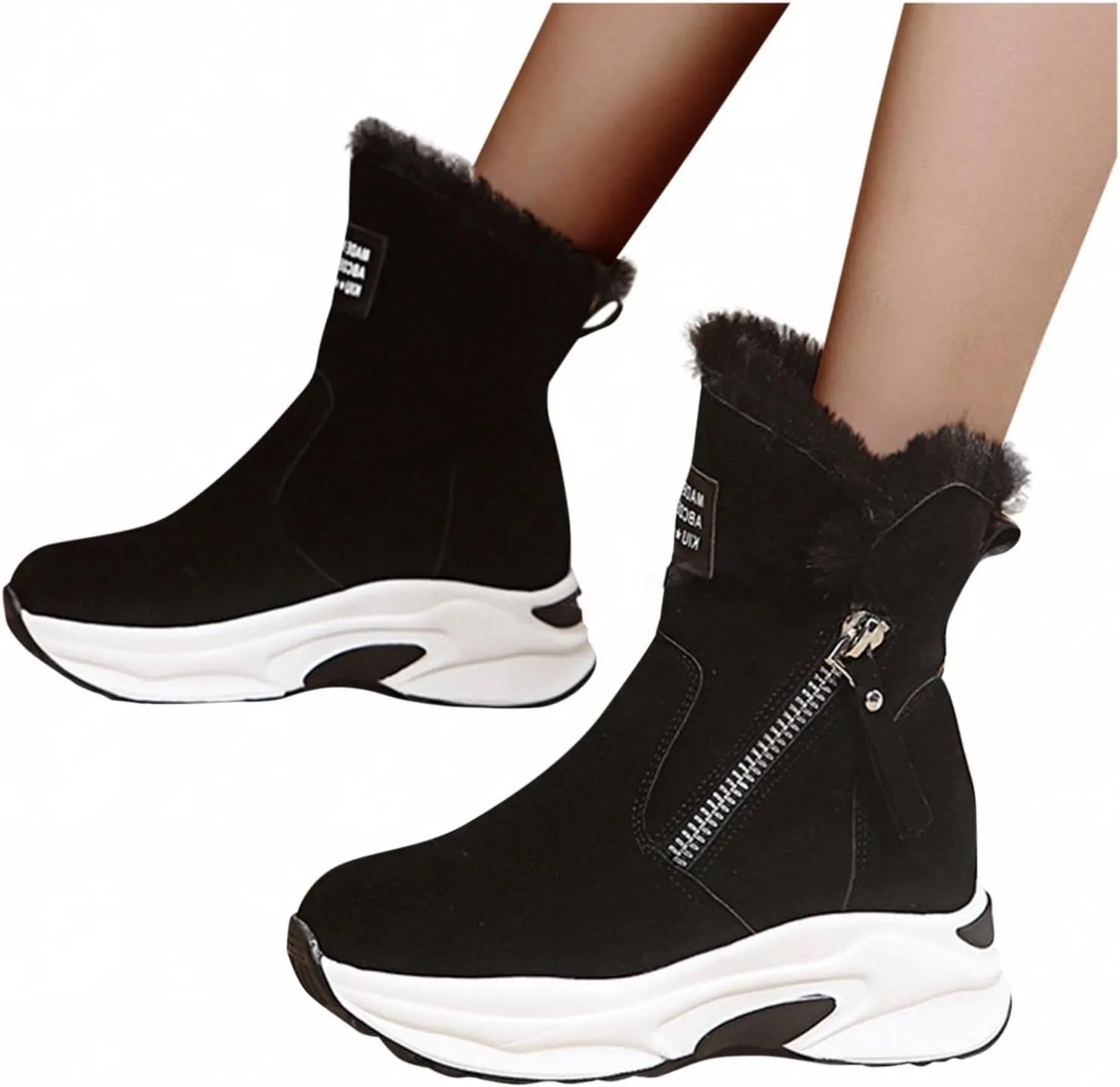 Hbeylia Winter Snow Boots For Women Ladies Casual Plush Fur Lined Wedge Platform Chunky Bottom Heels Mid Calf Boots Suede Warm Fashion Sneakers Fleece Lining Thermal Short Boots For Work Walking
