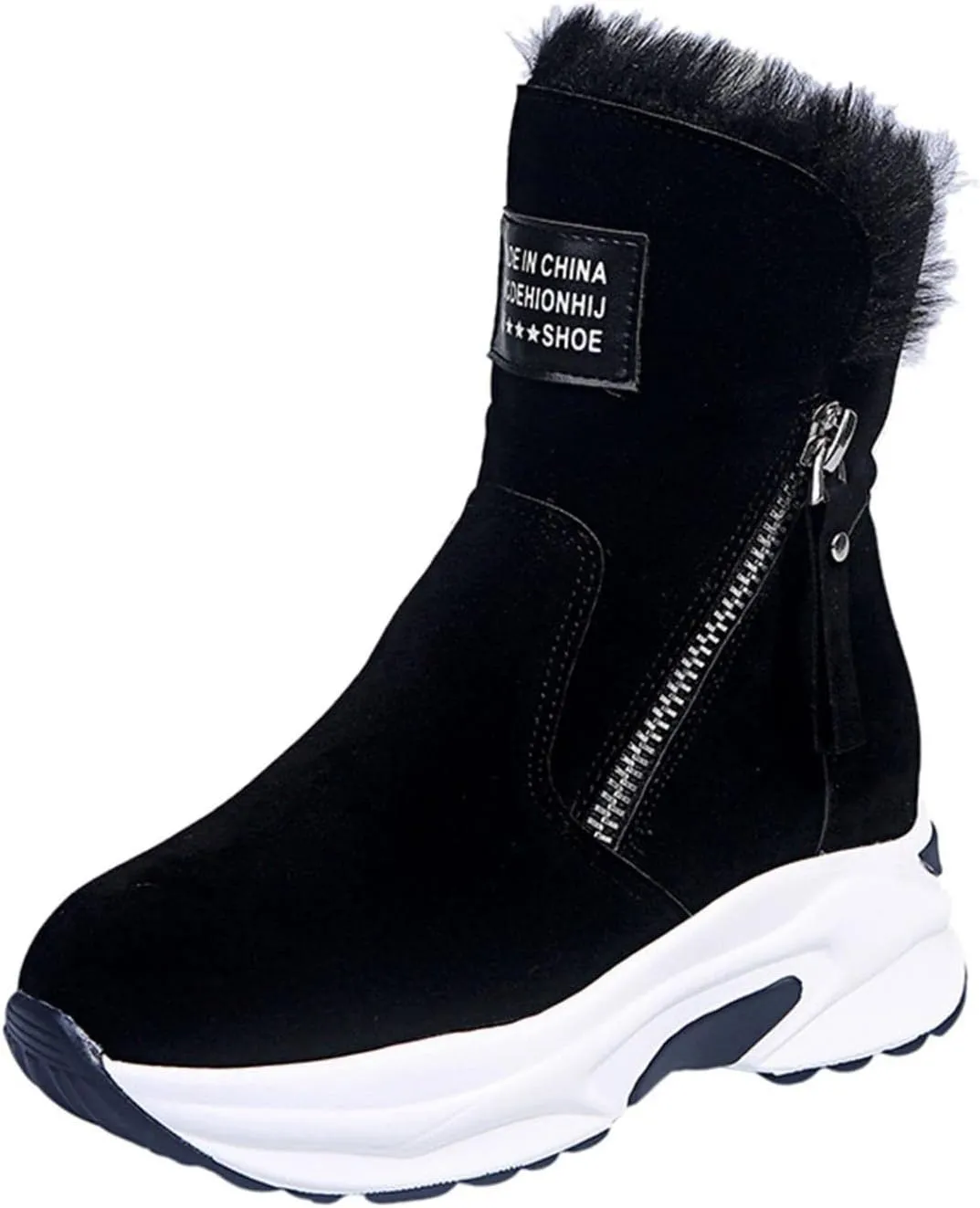 Hbeylia Winter Snow Boots For Women Ladies Casual Plush Fur Lined Wedge Platform Chunky Bottom Heels Mid Calf Boots Suede Warm Fashion Sneakers Fleece Lining Thermal Short Boots For Work Walking