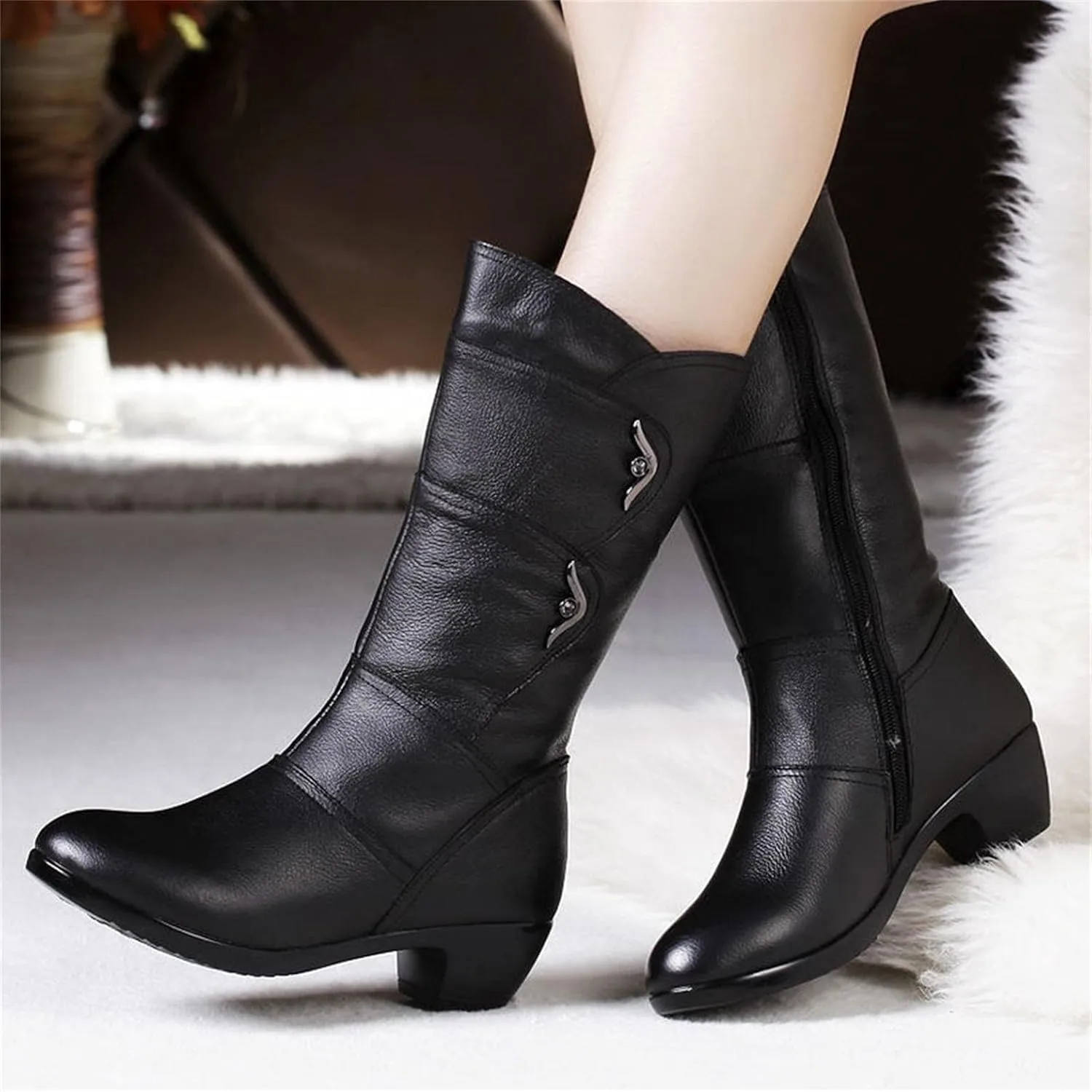 Hbeylia Winter Snow Boots For Women Ladies Fashion Casual Leather Round Toe Chunky Block Low Heels Warm Mid Calf Riding Boots With Fleece Lining Thermal Dress Short Boots Halloween Christmas Favor