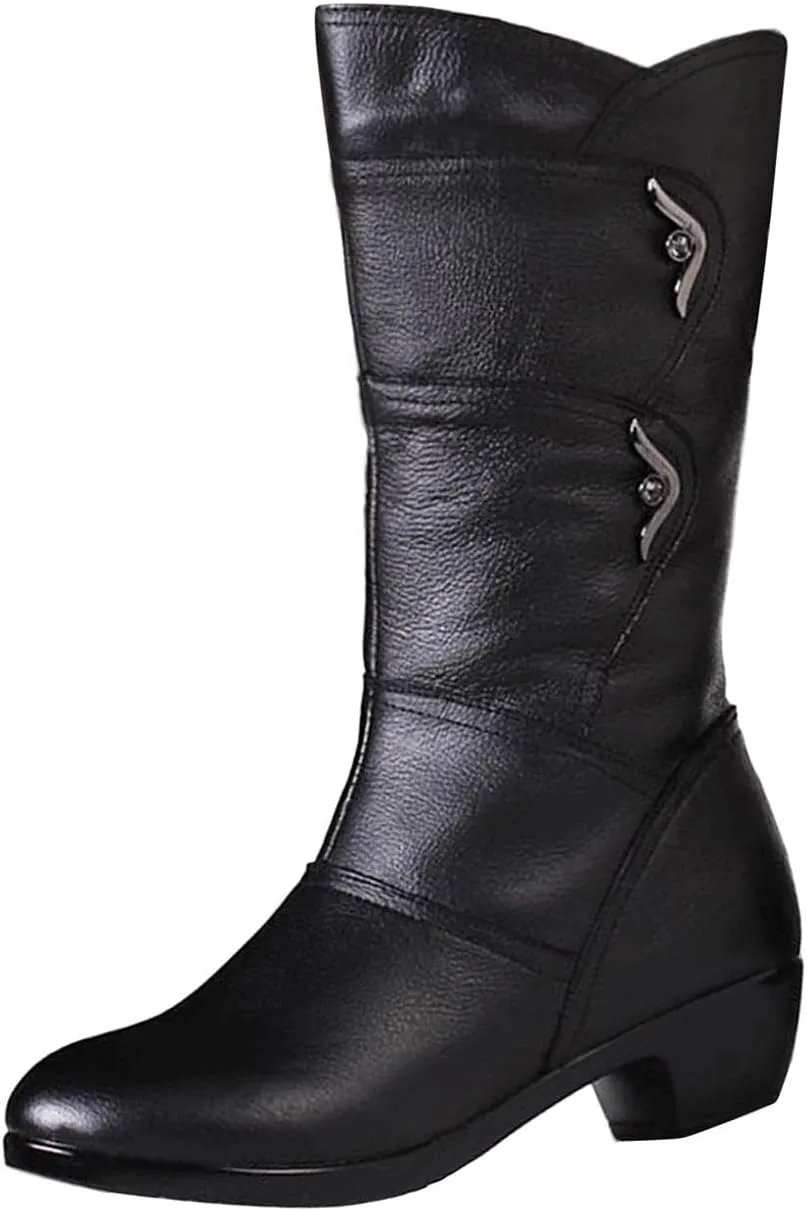 Hbeylia Winter Snow Boots For Women Ladies Fashion Casual Leather Round Toe Chunky Block Low Heels Warm Mid Calf Riding Boots With Fleece Lining Thermal Dress Short Boots Halloween Christmas Favor