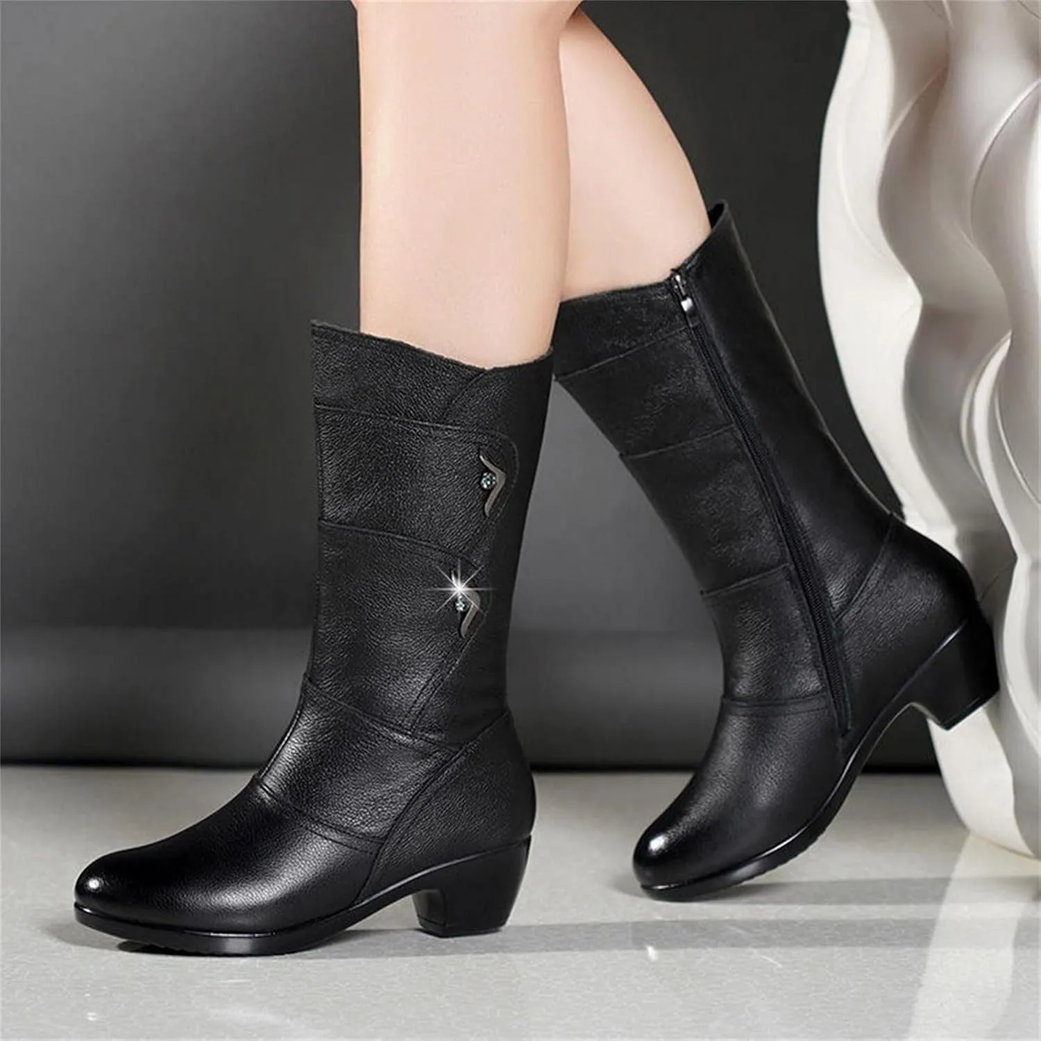 Hbeylia Winter Snow Boots For Women Ladies Fashion Casual Leather Round Toe Chunky Block Low Heels Warm Mid Calf Riding Boots With Fleece Lining Thermal Dress Short Boots Halloween Christmas Favor