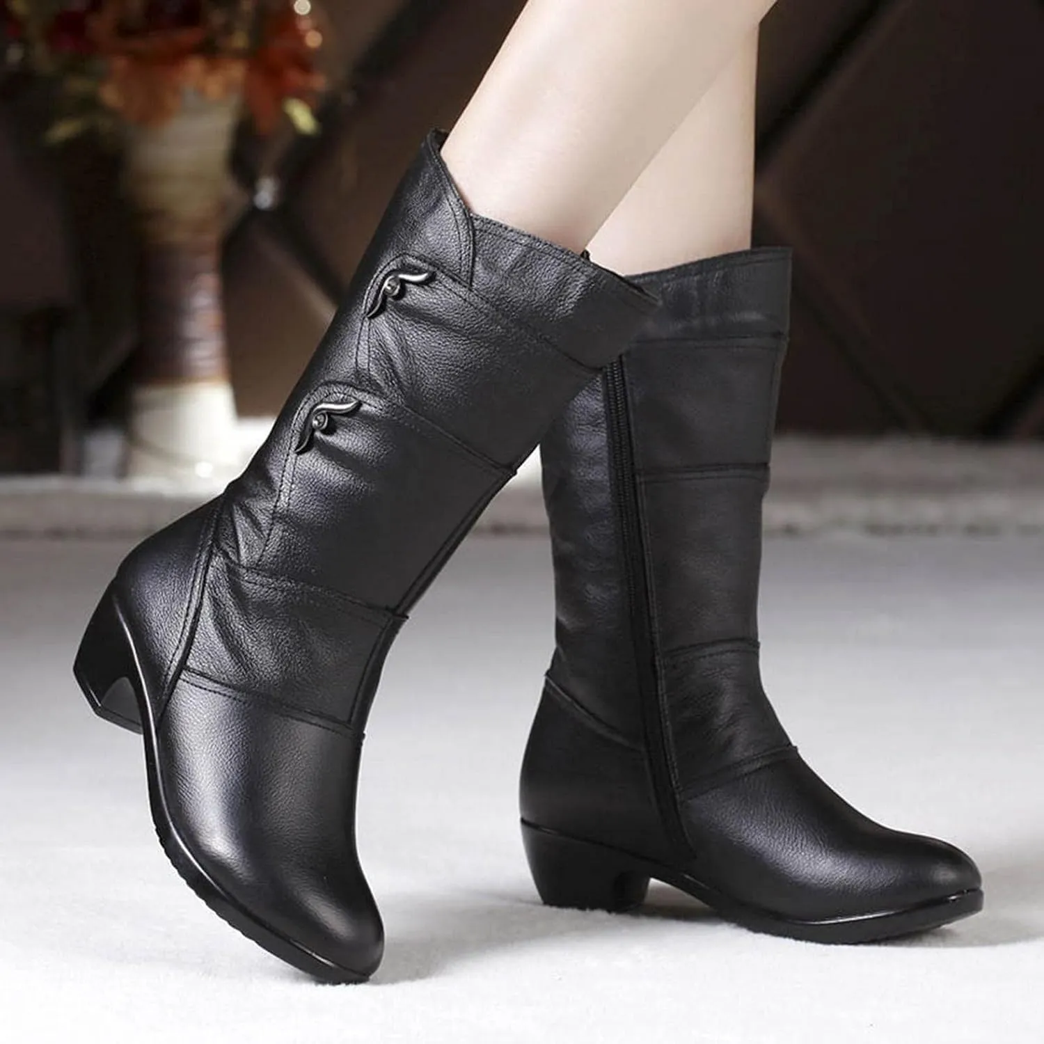 Hbeylia Winter Snow Boots For Women Ladies Fashion Casual Leather Round Toe Chunky Block Low Heels Warm Mid Calf Riding Boots With Fleece Lining Thermal Dress Short Boots Halloween Christmas Favor