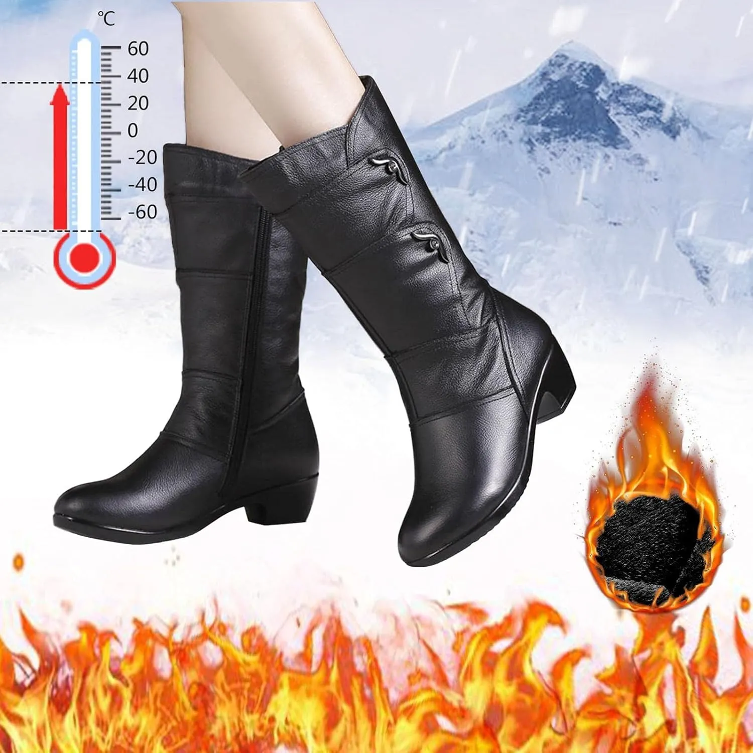 Hbeylia Winter Snow Boots For Women Ladies Fashion Casual Leather Round Toe Chunky Block Low Heels Warm Mid Calf Riding Boots With Fleece Lining Thermal Dress Short Boots Halloween Christmas Favor
