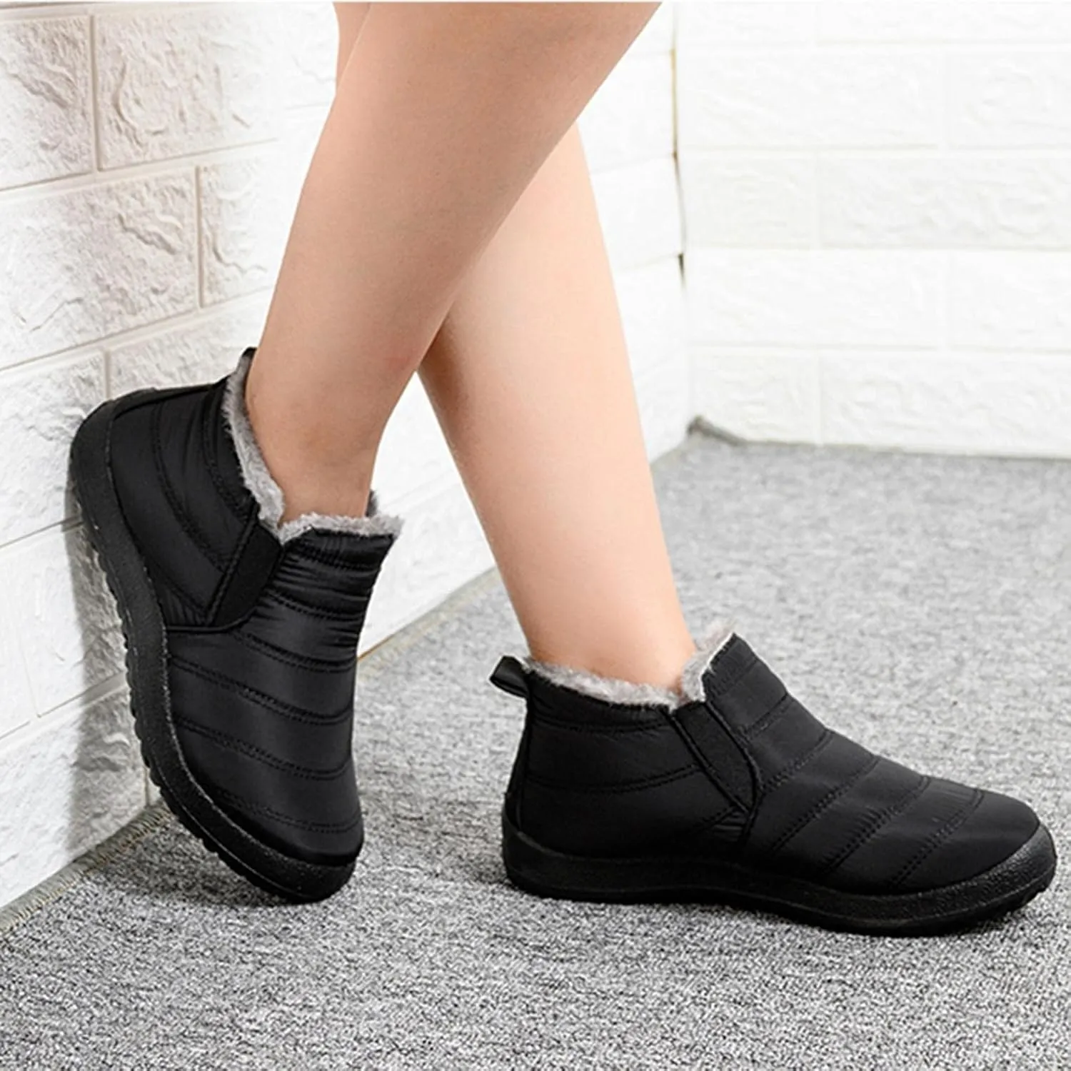 Hbeylia Winter Snow Boots Walking Shoes For Women Lightweight Waterproof Thermal Plush Fur Lined Slip On Flats Ankle Booties Soft Comfort Fleece Lining Warm Non Slip Walking Short Boots For Work Sport