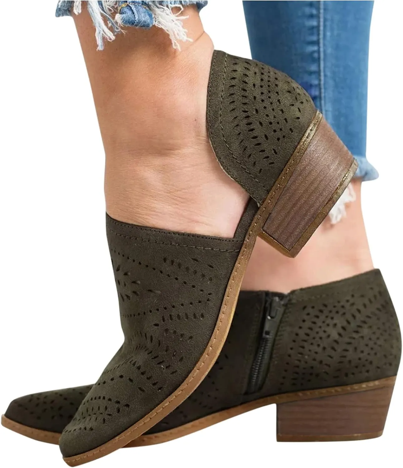 Hbeylia Women's Booties Boho Fashion Round Toe Hollow Out V Cut Slip On Chunky Mid Heels Ankle Boots Walking Shoes For Women Ladies Bohemian Beach Travel Sandals Shoes