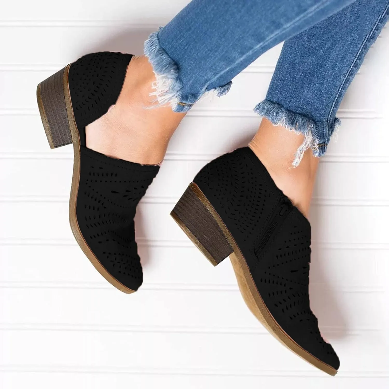 Hbeylia Women's Booties Boho Fashion Round Toe Hollow Out V Cut Slip On Chunky Mid Heels Ankle Boots Walking Shoes For Women Ladies Bohemian Beach Travel Sandals Shoes