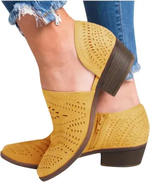 Hbeylia Women's Booties Boho Fashion Round Toe Hollow Out V Cut Slip On Chunky Mid Heels Ankle Boots Walking Shoes For Women Ladies Bohemian Beach Travel Sandals Shoes
