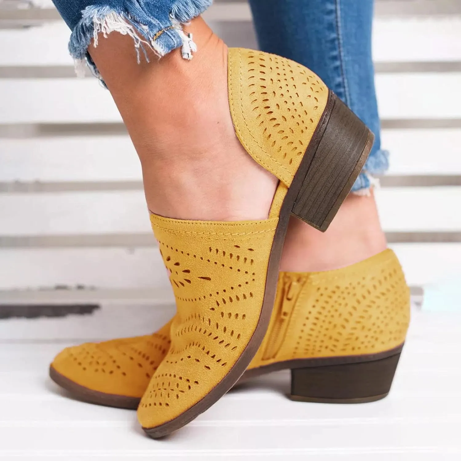 Hbeylia Women's Booties Boho Fashion Round Toe Hollow Out V Cut Slip On Chunky Mid Heels Ankle Boots Walking Shoes For Women Ladies Bohemian Beach Travel Sandals Shoes
