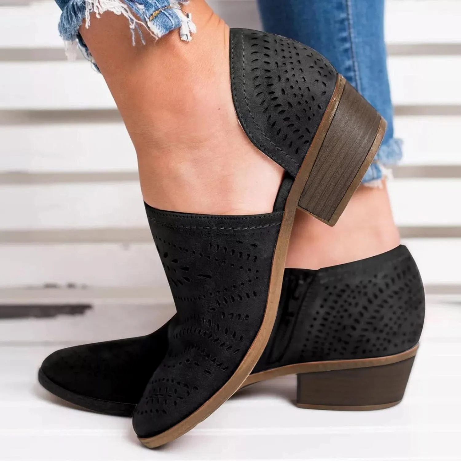 Hbeylia Women's Booties Boho Fashion Round Toe Hollow Out V Cut Slip On Chunky Mid Heels Ankle Boots Walking Shoes For Women Ladies Bohemian Beach Travel Sandals Shoes