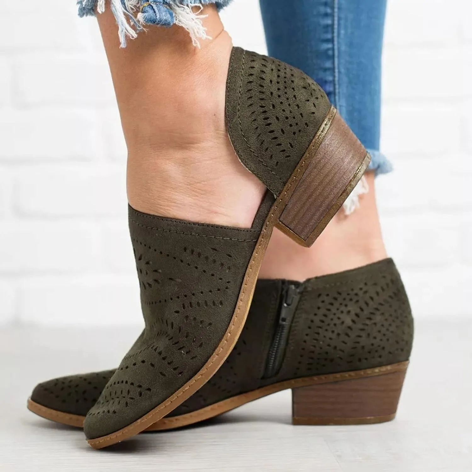 Hbeylia Women's Booties Boho Fashion Round Toe Hollow Out V Cut Slip On Chunky Mid Heels Ankle Boots Walking Shoes For Women Ladies Bohemian Beach Travel Sandals Shoes