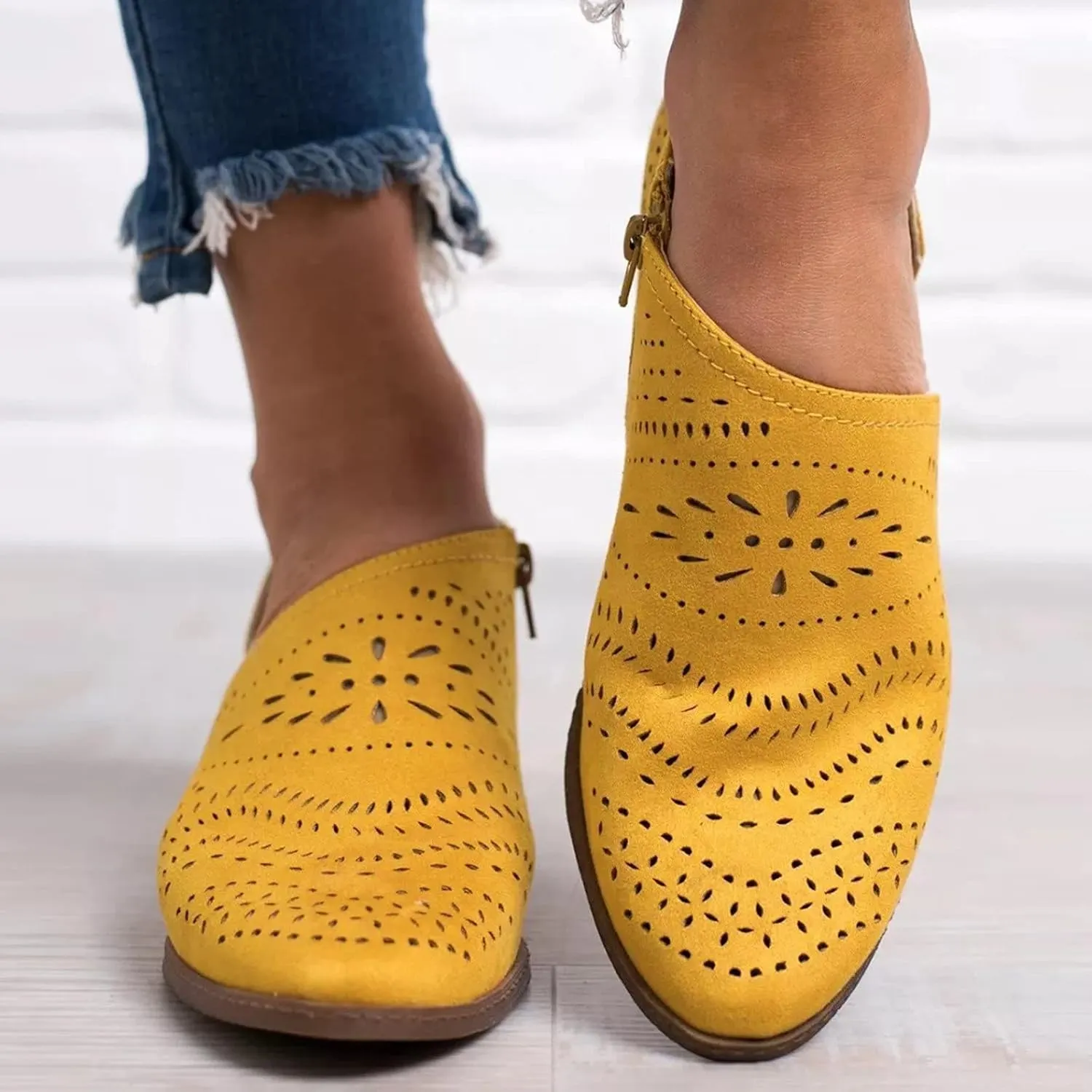 Hbeylia Women's Booties Boho Fashion Round Toe Hollow Out V Cut Slip On Chunky Mid Heels Ankle Boots Walking Shoes For Women Ladies Bohemian Beach Travel Sandals Shoes