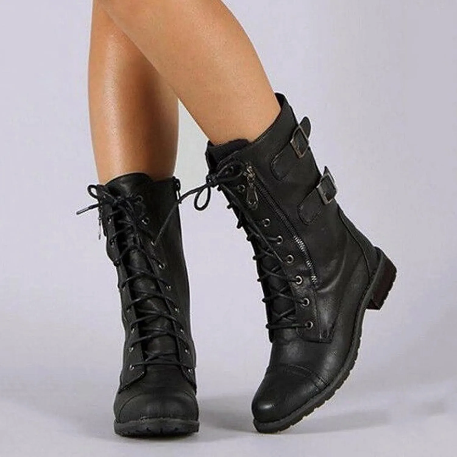 Hbeylia Women's Combat Boots With Side Zipper Pockets Fashion Casual Leather 10-Eyes Lace Up Mid Calf Anti Slip Platform Wedge Low Heels Motorcycle Riding Short Boots For Women Winter Shoes