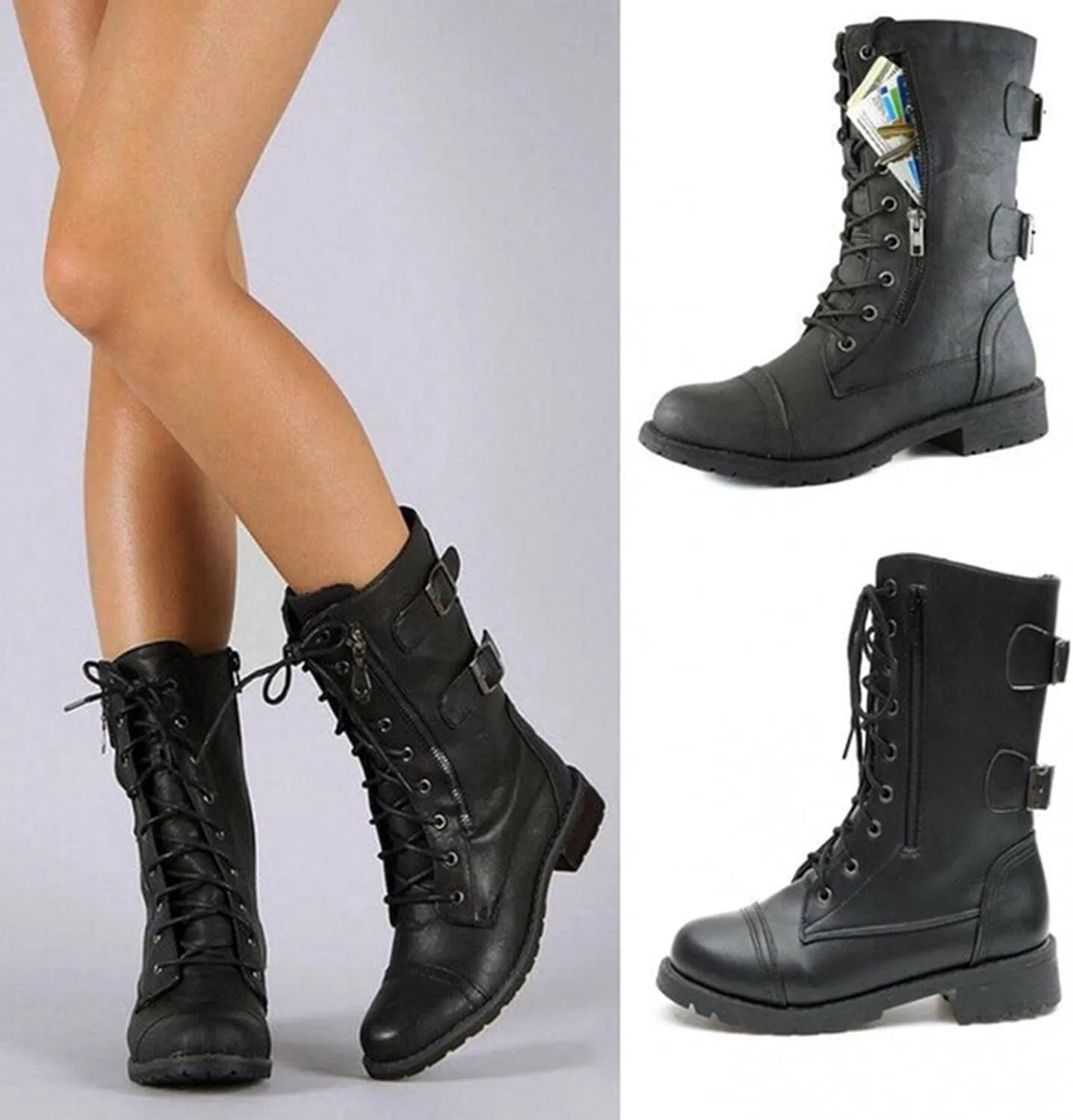 Hbeylia Women's Combat Boots With Side Zipper Pockets Fashion Casual Leather 10-Eyes Lace Up Mid Calf Anti Slip Platform Wedge Low Heels Motorcycle Riding Short Boots For Women Winter Shoes