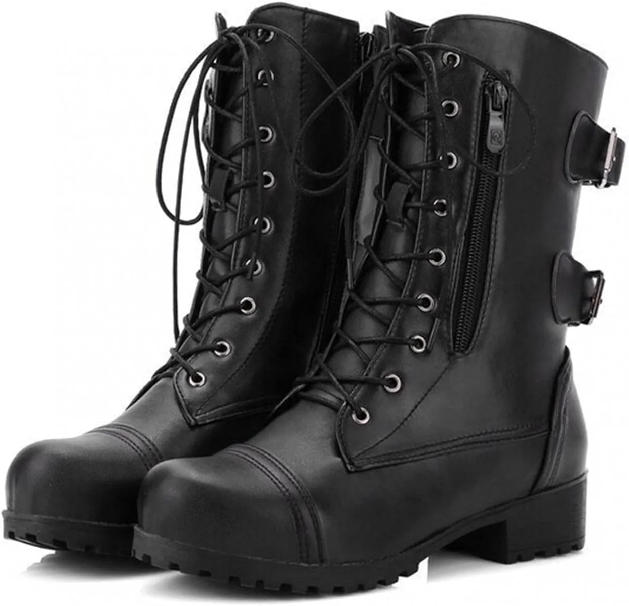 Hbeylia Women's Combat Boots With Side Zipper Pockets Fashion Casual Leather 10-Eyes Lace Up Mid Calf Anti Slip Platform Wedge Low Heels Motorcycle Riding Short Boots For Women Winter Shoes