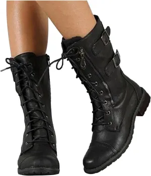 Hbeylia Women's Combat Boots With Side Zipper Pockets Fashion Casual Leather 10-Eyes Lace Up Mid Calf Anti Slip Platform Wedge Low Heels Motorcycle Riding Short Boots For Women Winter Shoes