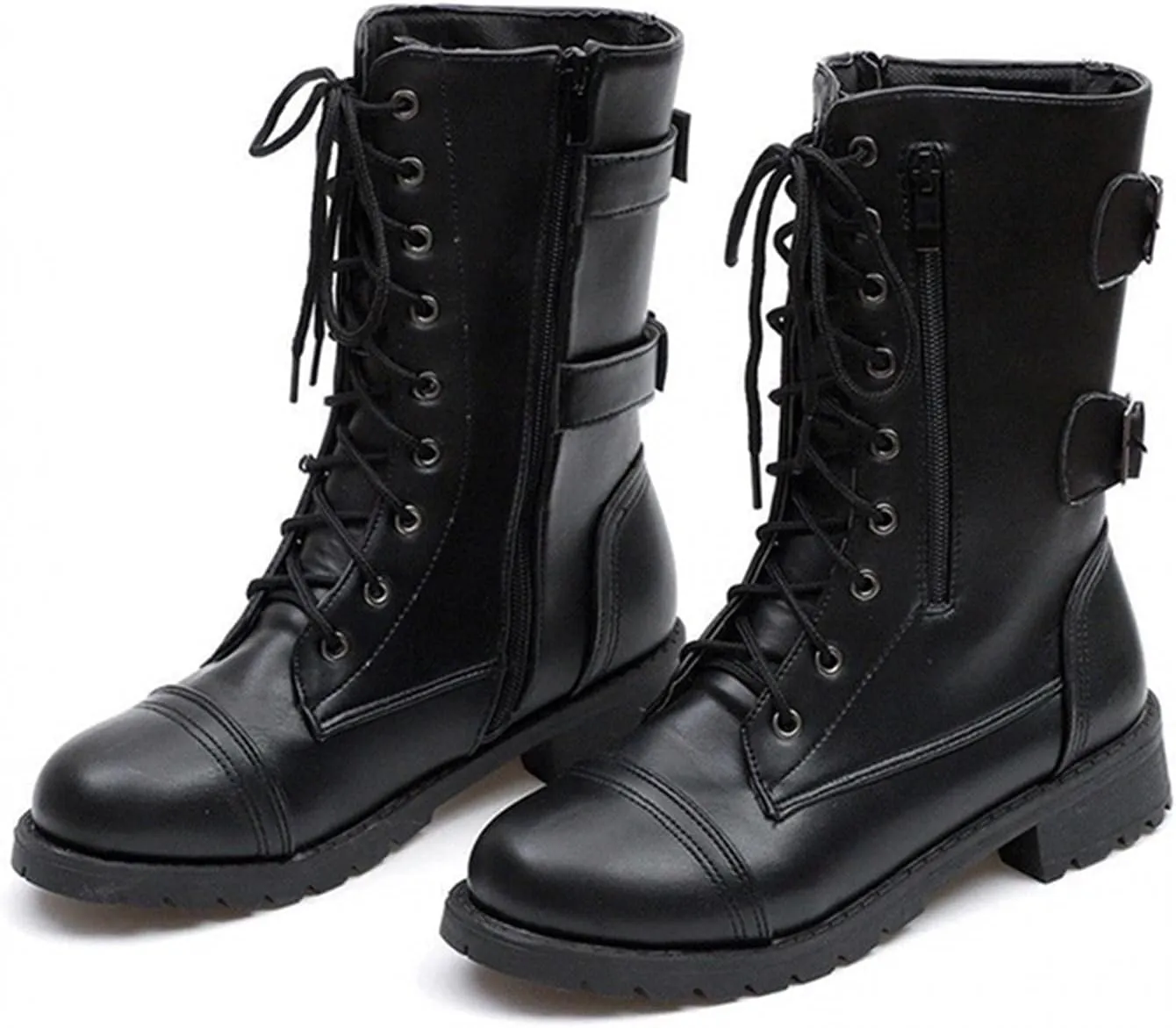 Hbeylia Women's Combat Boots With Side Zipper Pockets Fashion Casual Leather 10-Eyes Lace Up Mid Calf Anti Slip Platform Wedge Low Heels Motorcycle Riding Short Boots For Women Winter Shoes