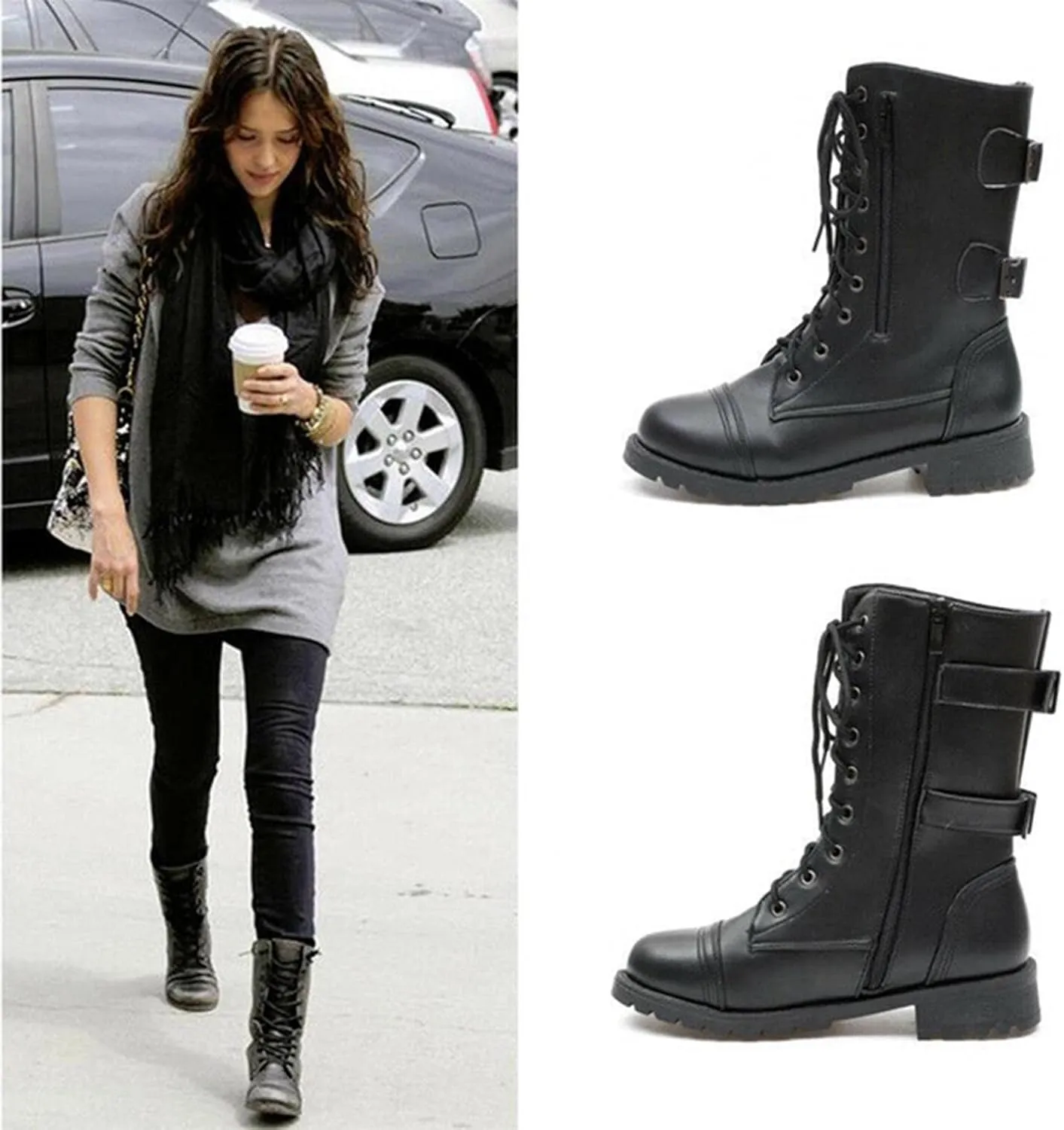 Hbeylia Women's Combat Boots With Side Zipper Pockets Fashion Casual Leather 10-Eyes Lace Up Mid Calf Anti Slip Platform Wedge Low Heels Motorcycle Riding Short Boots For Women Winter Shoes