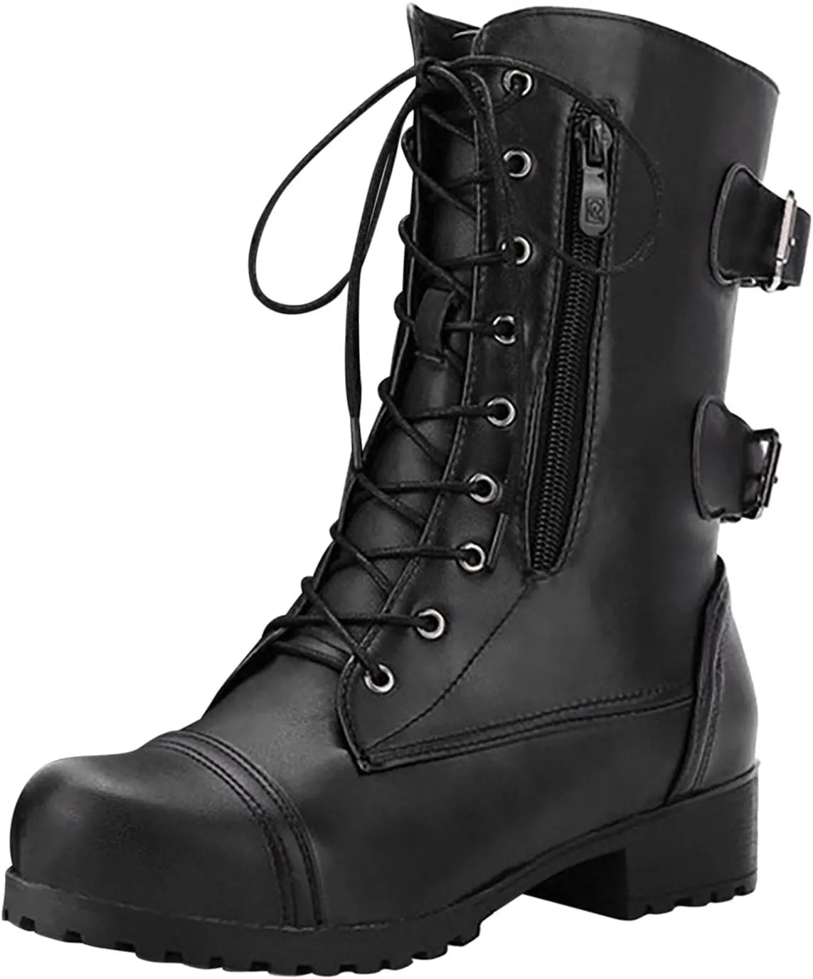 Hbeylia Women's Combat Boots With Side Zipper Pockets Fashion Casual Leather 10-Eyes Lace Up Mid Calf Anti Slip Platform Wedge Low Heels Motorcycle Riding Short Boots For Women Winter Shoes