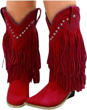 Hbeylia Women'S Cowboy Boots Vintage Tassel Square Toe Mid Heels Western Cowgirls Boots Ethnic Retro Fringe Rivet Slip On Wide Mid Calf Knight Riding Boots Dress Ankle Booties For Women Ladies
