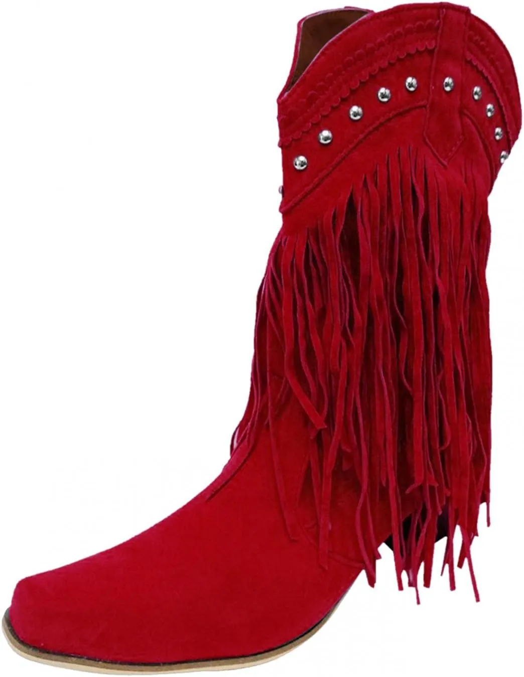 Hbeylia Women'S Cowboy Boots Vintage Tassel Square Toe Mid Heels Western Cowgirls Boots Ethnic Retro Fringe Rivet Slip On Wide Mid Calf Knight Riding Boots Dress Ankle Booties For Women Ladies
