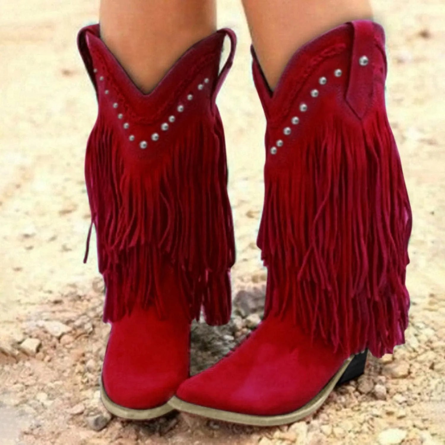 Hbeylia Women'S Cowboy Boots Vintage Tassel Square Toe Mid Heels Western Cowgirls Boots Ethnic Retro Fringe Rivet Slip On Wide Mid Calf Knight Riding Boots Dress Ankle Booties For Women Ladies