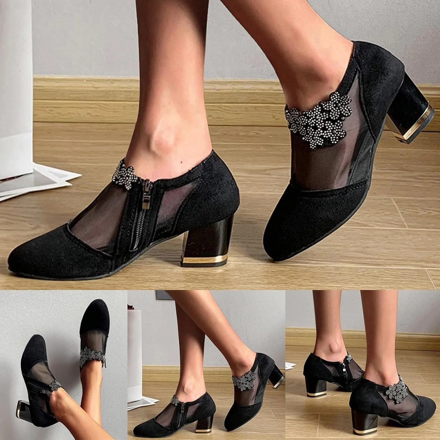 Hbeylia Women's Dress Ankle Booties For Ladies Fashion Sexy Sheer Lace Flower Design Suede Round Toe Chunky Block High Heels Low Top Ankle Boots Dressy Pump Short Boots For Women Wedding Banquet Party