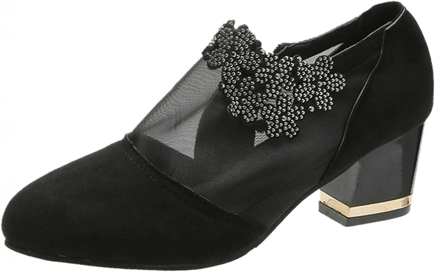 Hbeylia Women's Dress Ankle Booties For Ladies Fashion Sexy Sheer Lace Flower Design Suede Round Toe Chunky Block High Heels Low Top Ankle Boots Dressy Pump Short Boots For Women Wedding Banquet Party
