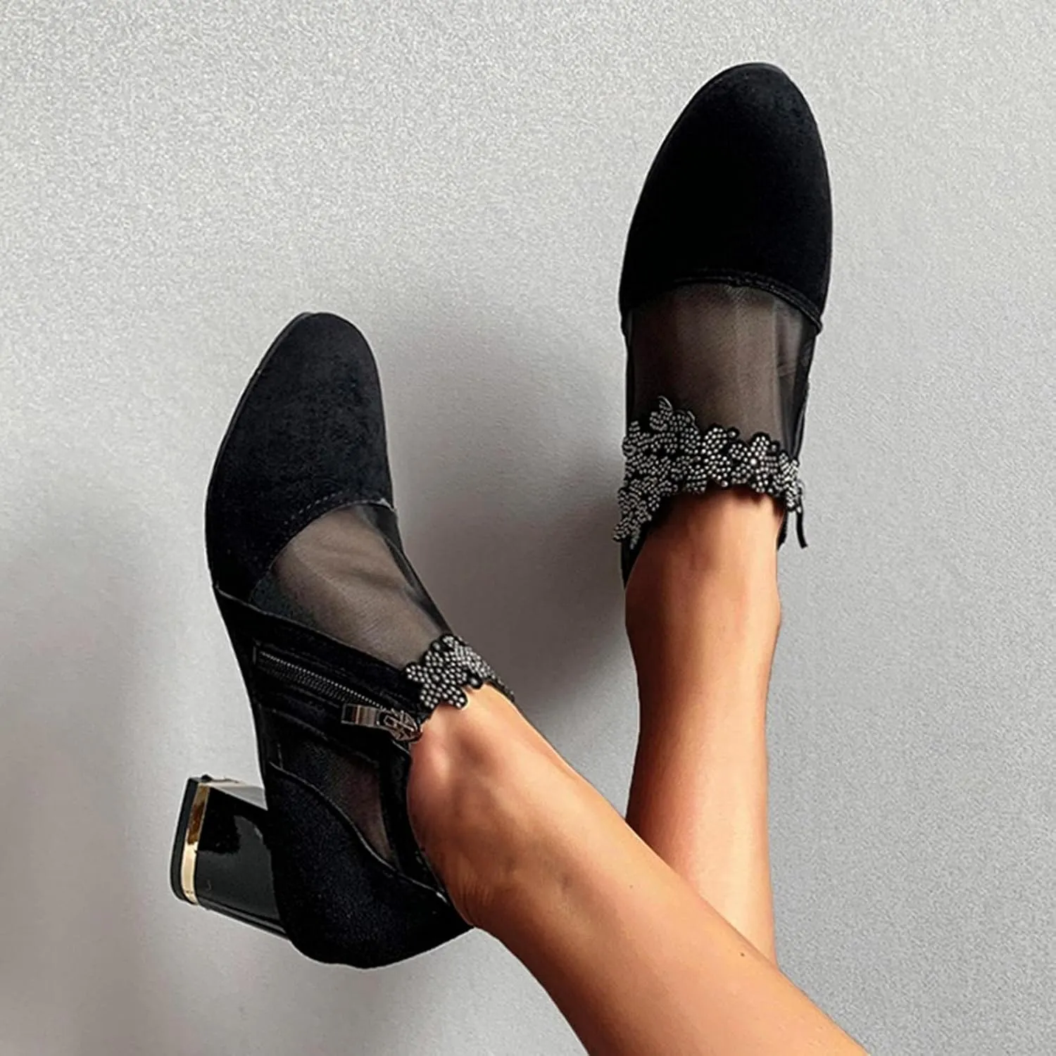 Hbeylia Women's Dress Ankle Booties For Ladies Fashion Sexy Sheer Lace Flower Design Suede Round Toe Chunky Block High Heels Low Top Ankle Boots Dressy Pump Short Boots For Women Wedding Banquet Party