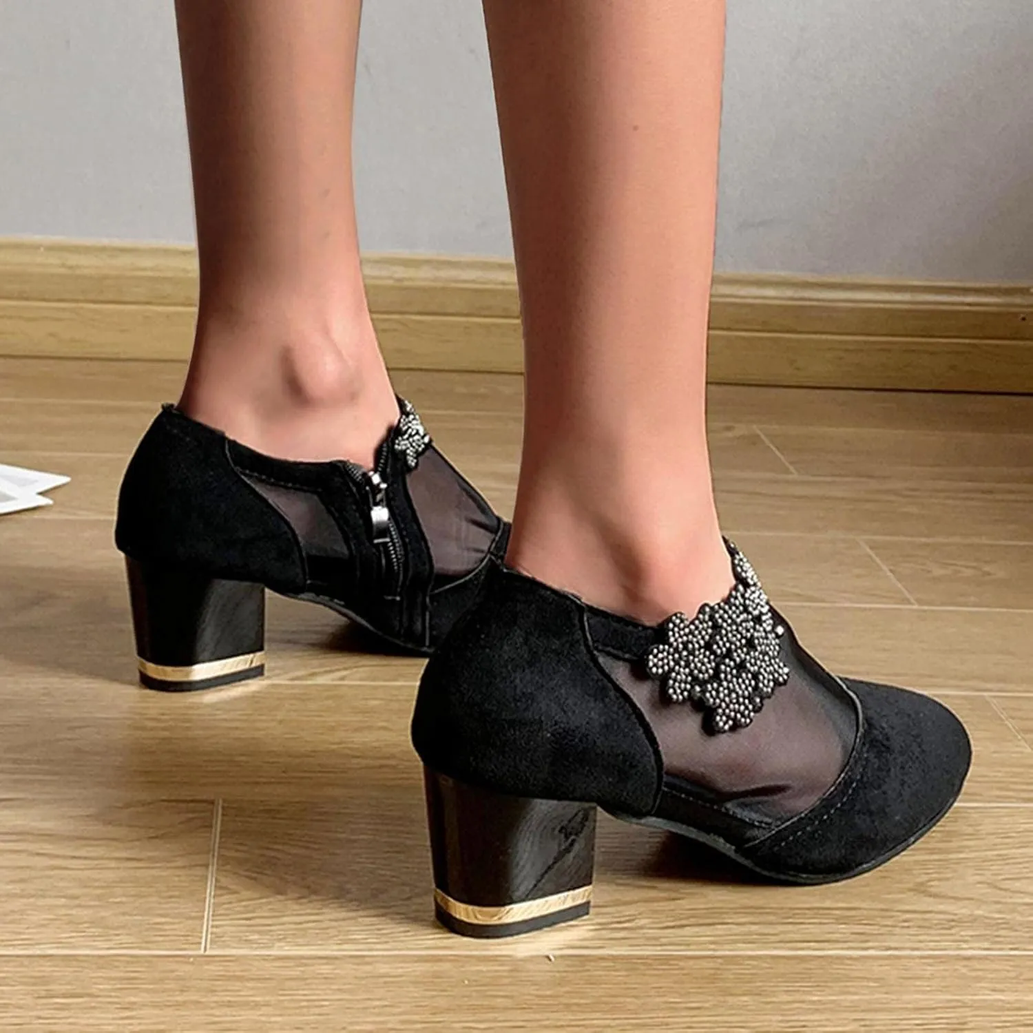Hbeylia Women's Dress Ankle Booties For Ladies Fashion Sexy Sheer Lace Flower Design Suede Round Toe Chunky Block High Heels Low Top Ankle Boots Dressy Pump Short Boots For Women Wedding Banquet Party