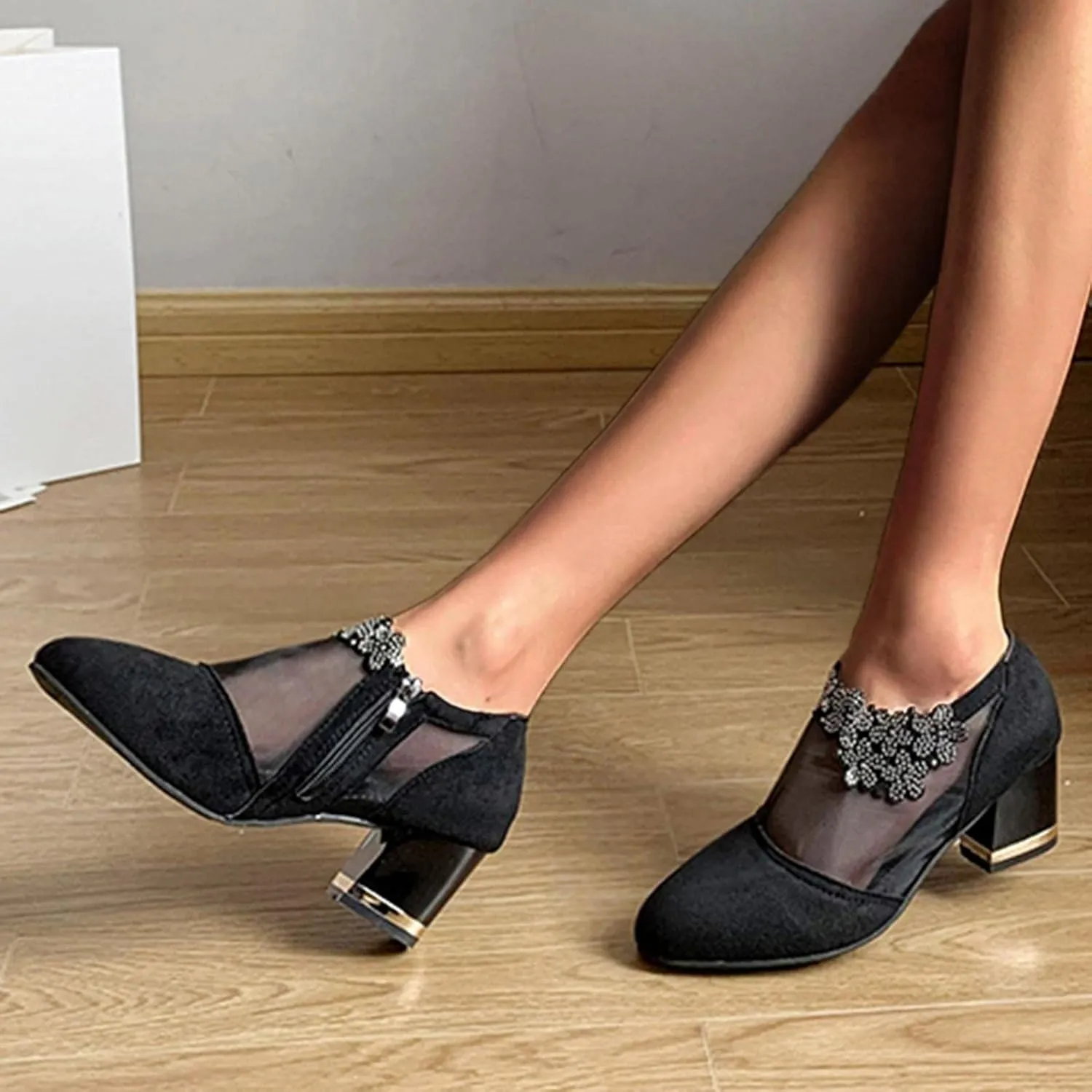 Hbeylia Women's Dress Ankle Booties For Ladies Fashion Sexy Sheer Lace Flower Design Suede Round Toe Chunky Block High Heels Low Top Ankle Boots Dressy Pump Short Boots For Women Wedding Banquet Party