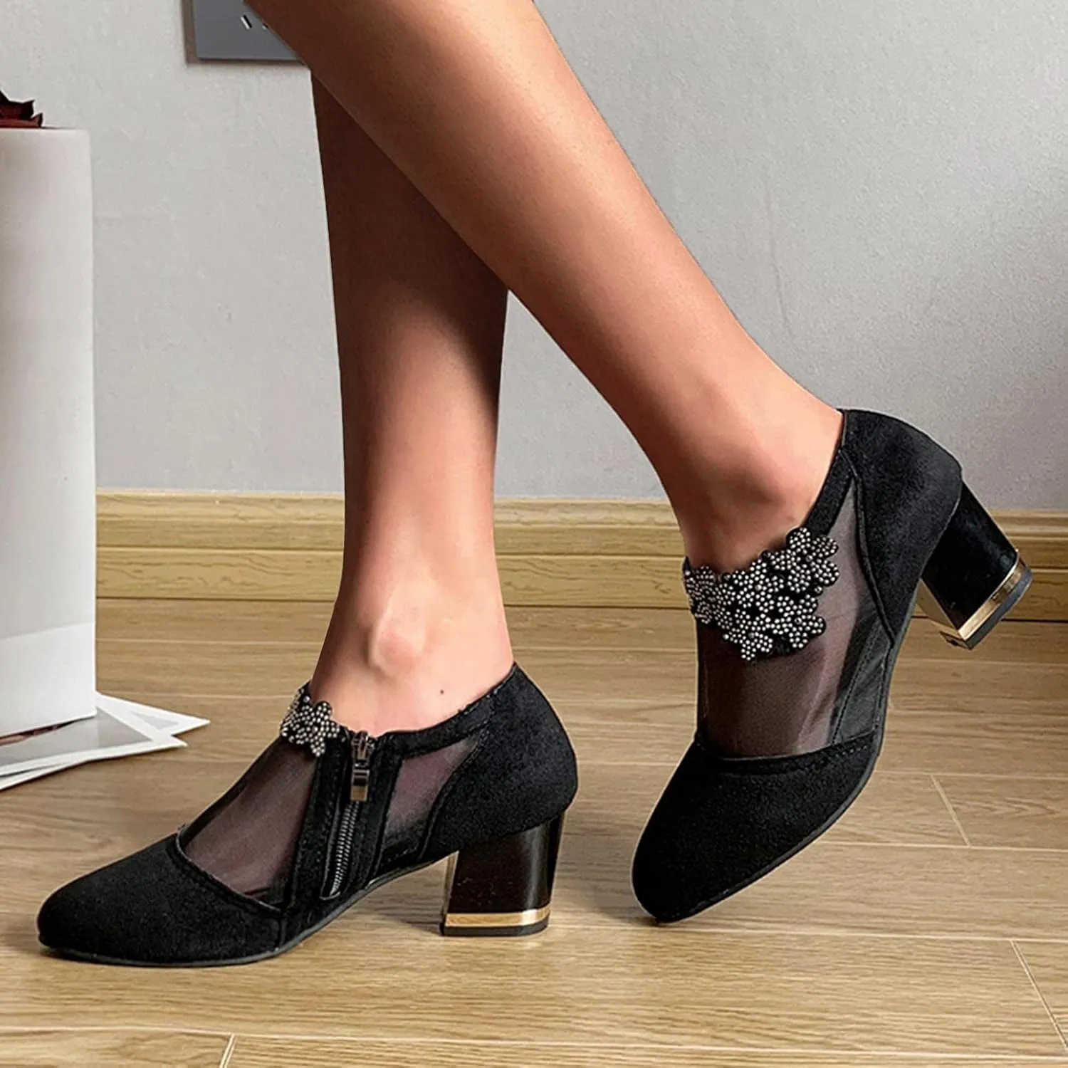 Hbeylia Women's Dress Ankle Booties For Ladies Fashion Sexy Sheer Lace Flower Design Suede Round Toe Chunky Block High Heels Low Top Ankle Boots Dressy Pump Short Boots For Women Wedding Banquet Party