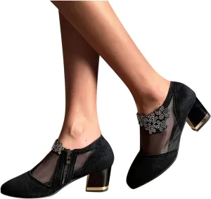 Hbeylia Women's Dress Ankle Booties For Ladies Fashion Sexy Sheer Lace Flower Design Suede Round Toe Chunky Block High Heels Low Top Ankle Boots Dressy Pump Short Boots For Women Wedding Banquet Party