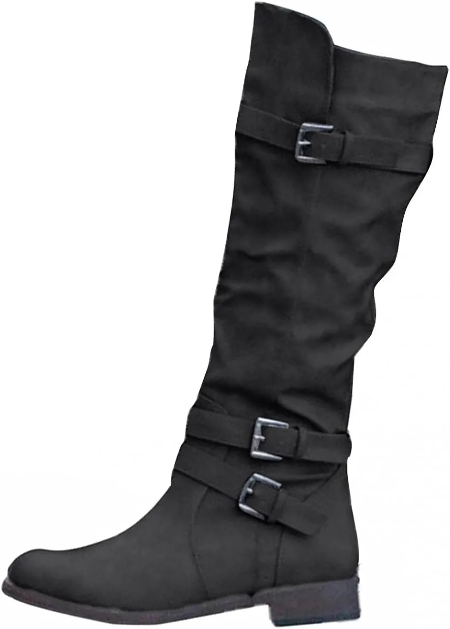 Hbeylia Women's Knee High Length Boots Fashion Slouchy Ruched Wide Over The Knee Boots Chunky Block Low Heels Flats Tall Boots With Side Zip Winter Warm Casual Dress Long Boots For Women Ladies