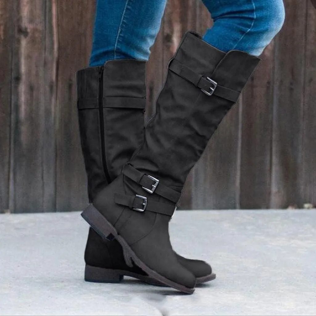 Hbeylia Women's Knee High Length Boots Fashion Slouchy Ruched Wide Over The Knee Boots Chunky Block Low Heels Flats Tall Boots With Side Zip Winter Warm Casual Dress Long Boots For Women Ladies