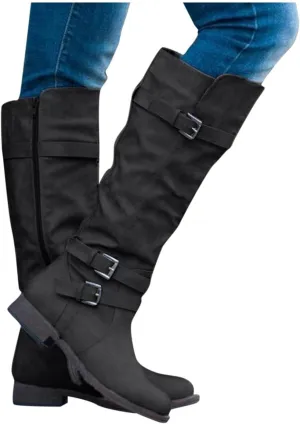 Hbeylia Women's Knee High Length Boots Fashion Slouchy Ruched Wide Over The Knee Boots Chunky Block Low Heels Flats Tall Boots With Side Zip Winter Warm Casual Dress Long Boots For Women Ladies
