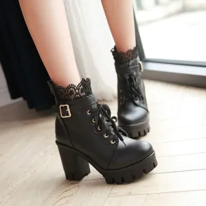 Hbeylia Women's Platform Combat Boots Fashion Lace Leather Chunky Pump Ankle Booties Leather Goth Anti Slip Lace Up High Heels Riding Short Boots For Women Bride Wedding Halloween Cosplay Party