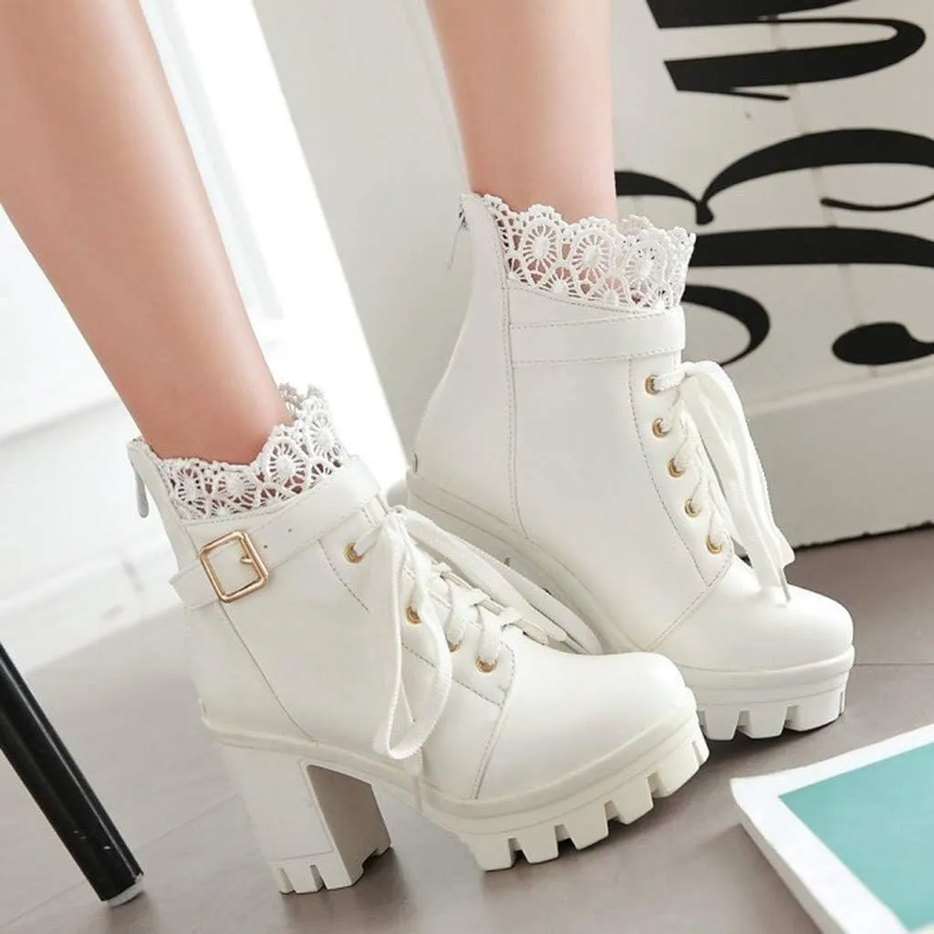 Hbeylia Women's Platform Combat Boots Fashion Lace Leather Chunky Pump Ankle Booties Leather Goth Anti Slip Lace Up High Heels Riding Short Boots For Women Bride Wedding Halloween Cosplay Party