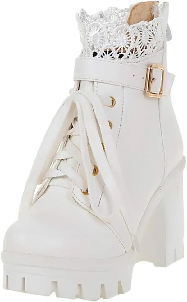 Hbeylia Women's Platform Combat Boots Fashion Lace Leather Chunky Pump Ankle Booties Leather Goth Anti Slip Lace Up High Heels Riding Short Boots For Women Bride Wedding Halloween Cosplay Party